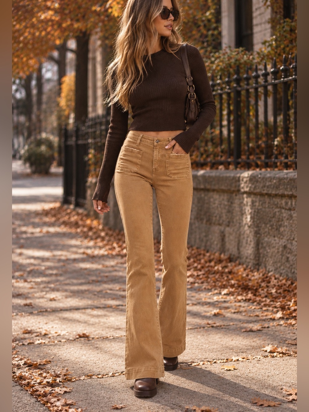 Retro Style High Rise Patch Pocket Bell Bottom Flare Jeans in  Mocha